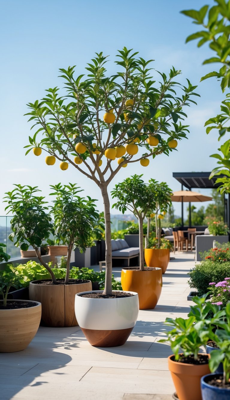 A terrace garden with several small fruit trees growing in various containers surrounded by green plants and garden accessories under a clear sky.